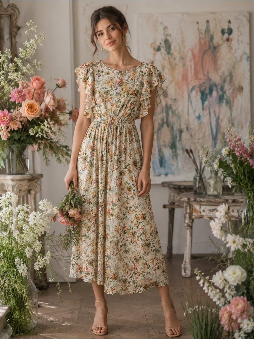 79. Floral Ruffle Midi Dress in Cream with Orange & Green Accents
